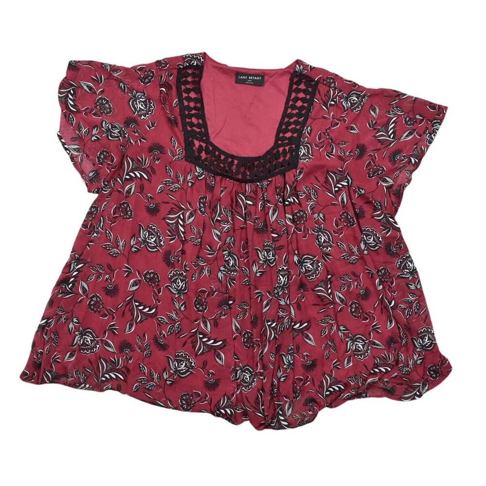 Lane Bryant Red Blouse Polyester Plus Size 22/24 Square Neck Floral Lined